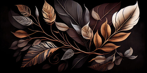 floral functional canvas art, watercolor geode painting. Golden, gray and brown leaves in black painting backround for wall decor