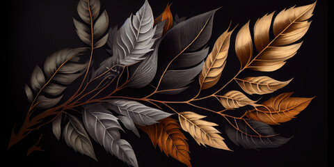 floral functional canvas art, watercolor geode painting. Golden, gray and brown leaves in black painting backround for wall decor