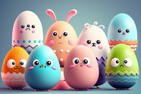 Oster Ei / Osterei bunt lachen spaßig mit Gesicht  Augen Mund für Osterhase- isoliert Studio Cartoons- Generative AI