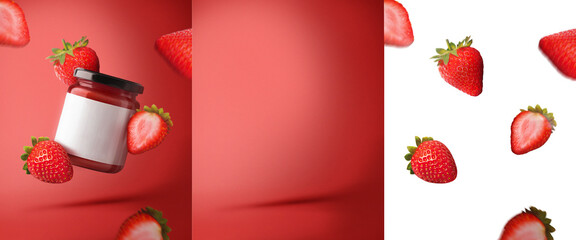 Jar jam display sweet product red background strawberry png fruits mockup - obrazy, fototapety, plakaty