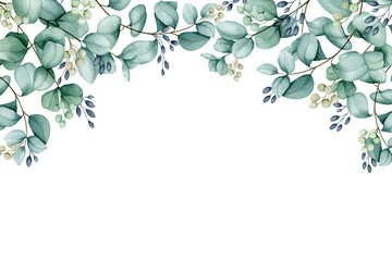 Eucalyptus branches horizontal border. Watercolor botanical banner for the design of invitations, cards, congratulations, announcements, sales, stationery. Wedding, anniversary, birthday design.
