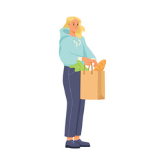 Woman Volunteer Standing Holding Shopping Bag as Charity and Donation Vector Illustration