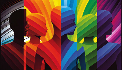  Rainbow diversity. Freedom, diversity and equality abstract concept. Silhouettes of unrecognizable people standing and in profile on a background full of colored stripes.
