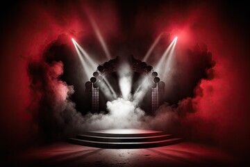 Stage with spotlight, red smoke and particle effects, great for backdrop or product placement ai