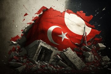 Collapsed buildings with a incomplete Turkish flag sticking out of it, digital art