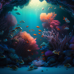 Naklejka na ściany i meble Korallenriff mit bunten Fischen (erstellt durch KI-Tool)