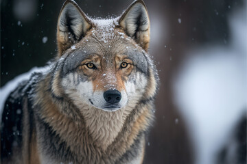 Winter wolf looking into the camera in the snow - obrazy, fototapety, plakaty