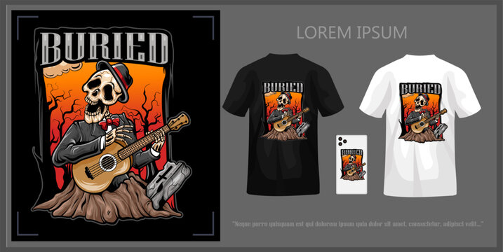 T-shirt design illustration of a skull in a suit playing an acoustic guitar over a graveyard complete with mockup.