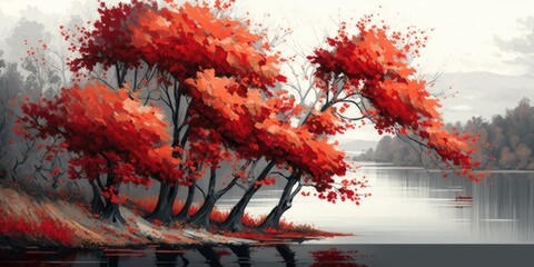 Autumnal trees along the river with red leaves. Generative AI