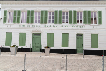 salle du conseil municipal et des mariages french text means council hall and weddings on facade...