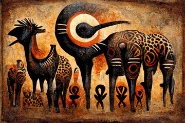 Giraffe in the wild in african savannah, painted in dark colors - obrazy, fototapety, plakaty