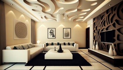 a unique, special false ceiling in the living room gives the home a luxurious effect and a beautiful appearance - obrazy, fototapety, plakaty