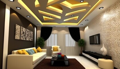 a unique, special false ceiling in the living room gives the home a luxurious effect and a beautiful appearance