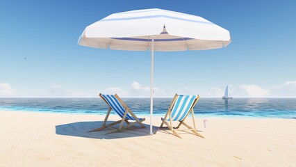 Blue ocean wood sand beach nature tropical palms Island. Hotel beach. Caribbean sea and sky. Small wild beach chairs. landscape Island. Palms turquoise sea background Atlantic ocean. 3D Rendering, 4K.