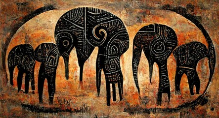 Elephants in the wild in Africa, brown tones painting - obrazy, fototapety, plakaty