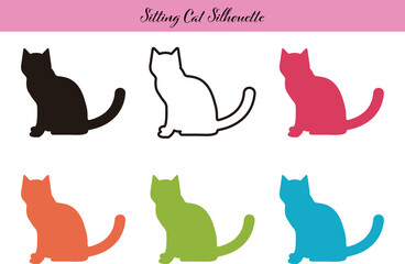 座る猫のシルエット素材セット　モノクロ＆カラフル