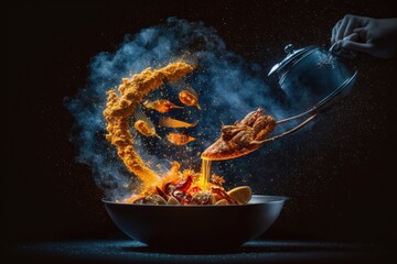 Professional chef pours hot spices to pan wok with frying chicken. Backstage of cooking traditional Indian chicken curry on dark blue background. Frozen motion. Concept of cooking tasty hot meal