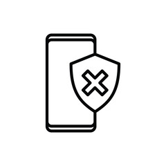 Security disabled thin line icon. Smartphone with shield with cross mark. Vector illustration.