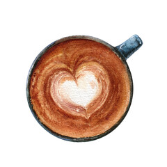 Watercolor illustration of a Cappuccino coffee cup top view, isolated on a white background.
