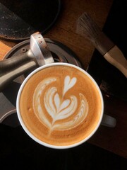 Top view cup of hot coffee cappuccino on table