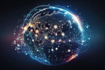 Global network and implicit digital data transport illustration from the future. Global trends in the new information era are changing due to smart digital transformation and technology disruption