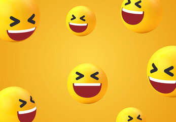 3d smile emoji face background collection. funny yellow emoticon for social network media - happy smiling emojis - squinting grinning emoticon set - cute smiley emoticons. Vector illustration - obrazy, fototapety, plakaty