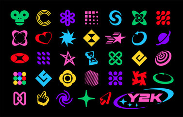 Set of retro y2k design elements. Silhouettes of various objects, different abstract brutalism shapes and forms. Vector symbol sign collection for posters, flyers, banners, stickers