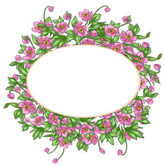 Illustration of a frame made of pink flowers and leaves. High quality illustration