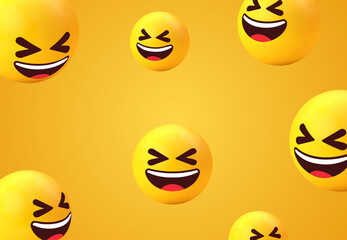 3d smile emoji face background collection. funny yellow emoticon for social network media - happy smiling emojis - squinting grinning emoticon set - cute smiley emoticons. Vector illustration - obrazy, fototapety, plakaty