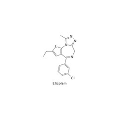 Etizolam  flat skeletal molecular structure Benzodiazepine drug used in insomnia, anxiety treatment. Vector illustration.