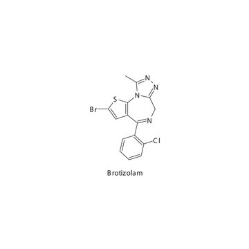 Brotizolam flat skeletal molecular structure Benzodiazepine drug used in insomnia, anxiety treatment. Vector illustration.