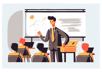 Teacher in a classroom, vector illustration, students in university, team meeting at an office