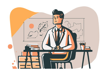 Teacher sitting at the desk, man working at the university