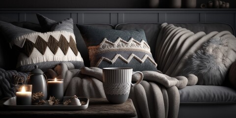 Obraz na płótnie Canvas Still life details of nordic living room. Coffee and sweater on the sofa with fur cushions. Cozy winter scene in Scandinavian interior. Generative AI