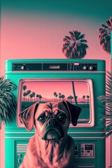Vintage Classic 80's Style Retro Dog Poster in Pink and Turquoise abstract Synthwave style - Generative AI Illustration