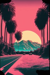 Classic Vintage Abstract Retro Poster of Road and Palm Trees with a Mountain and the Sunrise in the Background - 80's Style Synthwave Wallpaper - Generative Ai Illustration