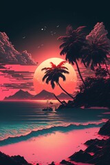 Retro Sunset Beach Poster of Paradise - 80s Synthwave Summer Tropical Travel Wallpaper of Sun Sea and Relax on an Island - Generative AI Illustration