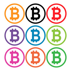 Set of Bitcoin web coin, internet electronic crypto design symbol, digital pay vector illustration