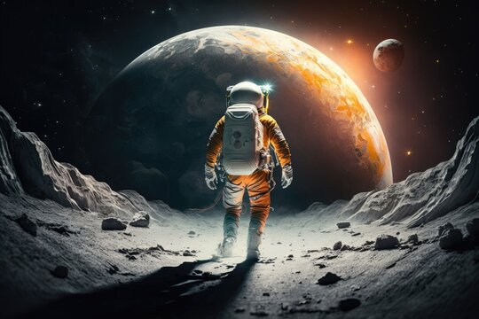 Illustration of an astronaut in space against a background of the moon. 5K science fiction painting that is realistic. Generative AI