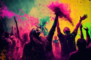 Fototapeta na wymiar People celebrating Holi festival of colors, India, GENERATIVE AI