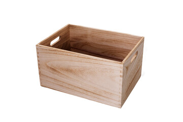 Empty wooden box on isolated background. Wooden case with handles