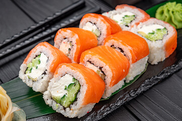Classic Philadelphia sushi roll set with salmon and cream cheese.