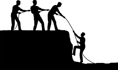 Three climbers help a friend up. Teamwork of male climbers. Business teamwork concept