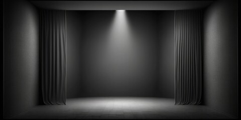 Spotlight illuminates empty dark studio with curtains. Abstract background for product presentation.
