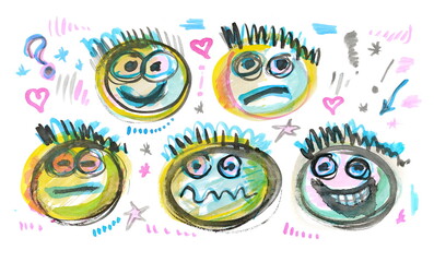 Set colorful emoji faces, brush stroke watercolor isolated on white 