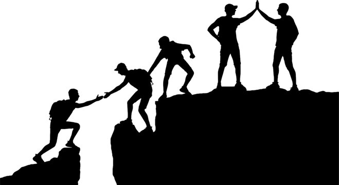 Silhouette of five climbers who climbed to the top of the mountain, working as a team. Conceptual business scene of teamwork and success