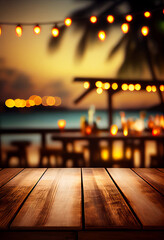 Empty wooden table top product display showcase stage. Tropical summer sunset beach bar background. Generative ai - obrazy, fototapety, plakaty