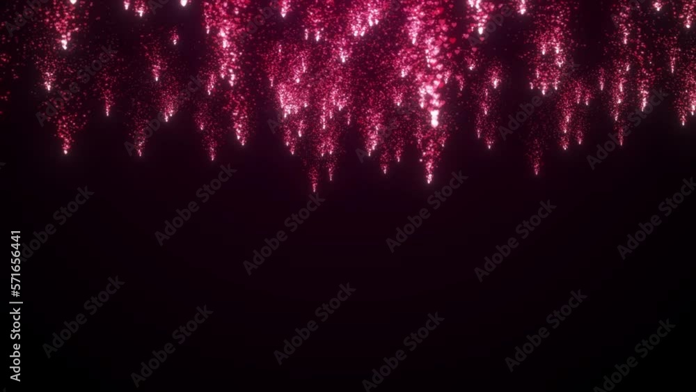 Poster camera flying through particle heart falling background. romantic particle heart falling background.