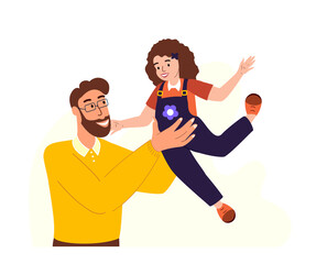 Father and Daughter spend time together.Happy father Daddy keep child Girl on hands.Family Loving and Warm relationships,Girl Kid trust her Dad.Man support his Child.Flat vector isolated illustration