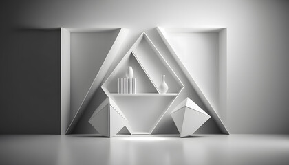 White room with a geometric shelf, generative AI